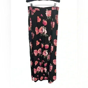 Bohemian Romantic Black Floral Wide Leg Pants Size Large